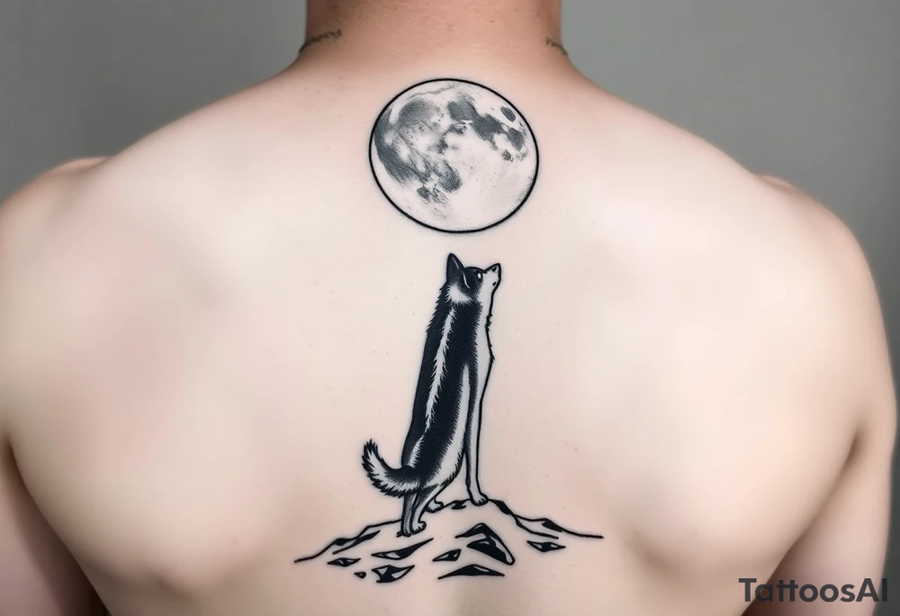 smALL HUSKY LOOKING AT A TRIBAL MOON STANDONG IN THE SAND IN THE SEA WITH THE CONSTALATION OF SAGITARIUS tattoo idea