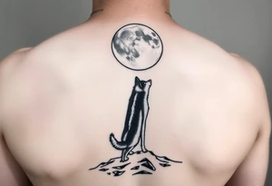 smALL HUSKY LOOKING AT A TRIBAL MOON STANDONG IN THE SAND IN THE SEA WITH THE CONSTALATION OF SAGITARIUS tattoo idea