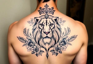 powerful majestic lion with a crown, surrounded by floral ornaments and birds tattoo idea