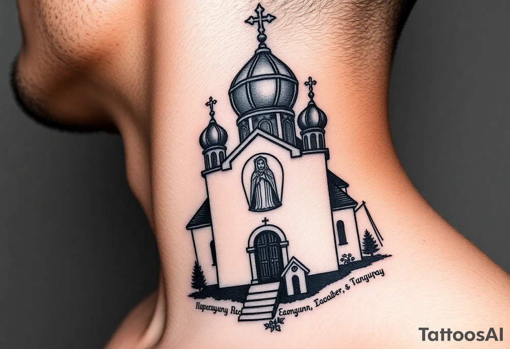 rusian orthodox domes church with a virgin mary in a russian rural village with Church Slavonic script or Cyrillic text — a prayer or meaningful phrase running along the sides tattoo idea