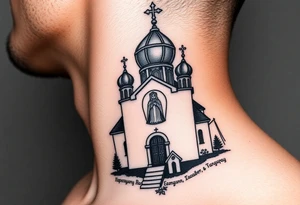 rusian orthodox domes church with a virgin mary in a russian rural village with Church Slavonic script or Cyrillic text — a prayer or meaningful phrase running along the sides tattoo idea
