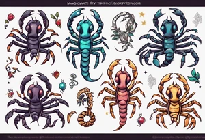 background that represents game development and designs with a scorpion make it magical, and cute scorpion that's feminine tattoo idea
