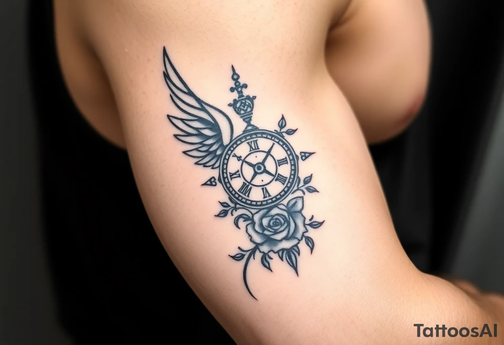 Wing with compass  a clock  with roses tattoo idea