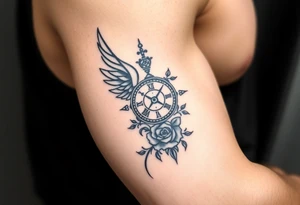 Wing with compass  a clock  with roses tattoo idea