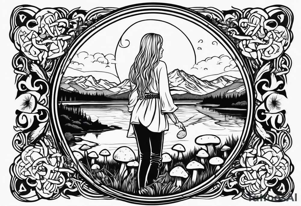 Whole picture encircled fully

Straight long blonde hair hippie girl in distance holding mushrooms in hand facing away toward mountains and creek surrounded by mushrooms long sleeve shirt and hiking pants; whole rendering within a full celtic circle border, no cut off circle tattoo idea