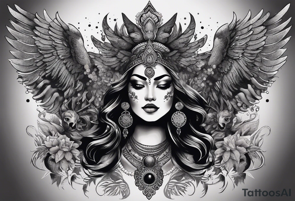 black kali, goddess pirate, alien, angel, pachamama, valkrye, warrior, flying, skull, lotus azul, wing, eagle, zenza resonance, stars, 5D, anahata chakra, death, durga, riding on a tiger, flying lady, kundalini, chest tatoo, samuri, rebel,serpent tattoo idea
