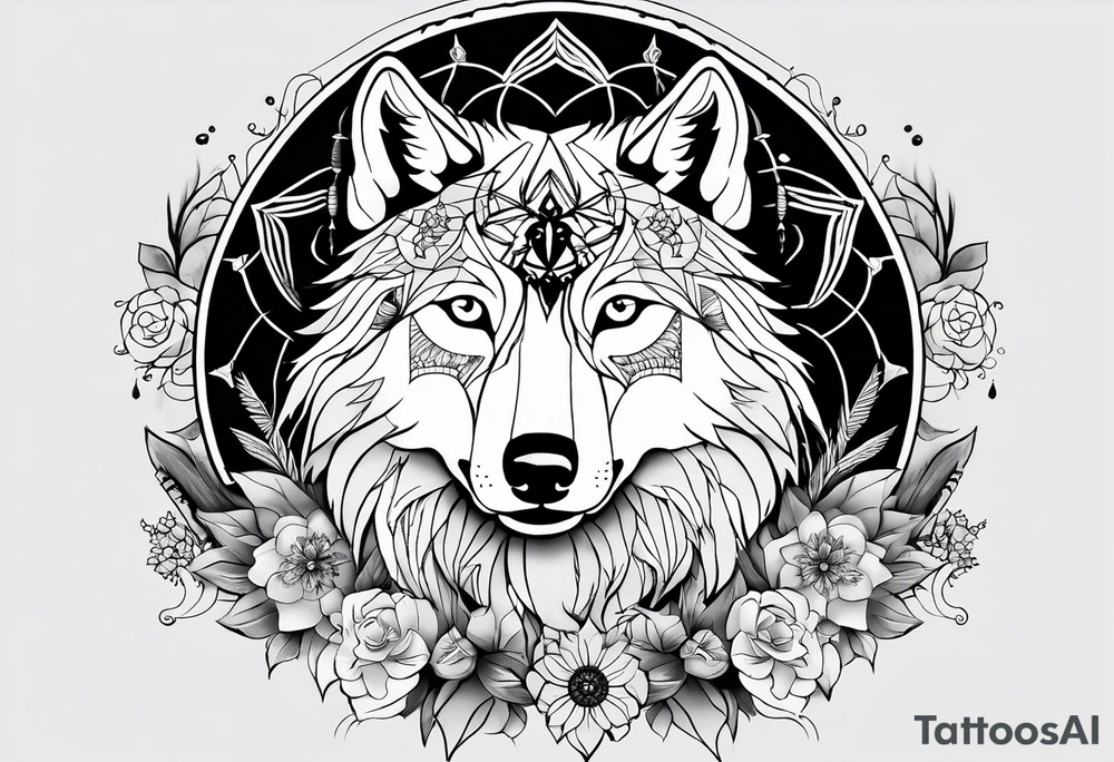 A whimsical wolf tattoo featuring mandala or dream catcher elements, with the wolf as the central focus. Show the wolves whole body standing surrounded by mountains in the background. Include flowers and nature elements to fill the space around the wolf. Some color but not completely solid bold color tattoo idea