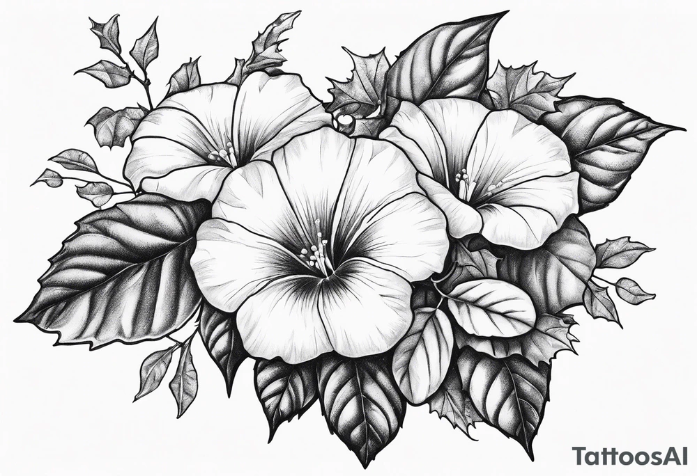 Bouquet of morning glories and holly tattoo idea
