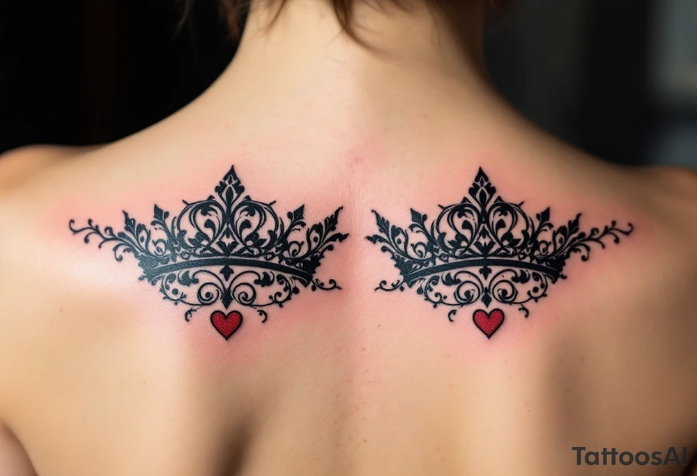 Ornate filigree-style black crowns with small deep red heart designs beneath each. tattoo idea