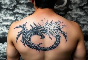 fierce dragon breathing iridescent fire against stormy skies tattoo idea