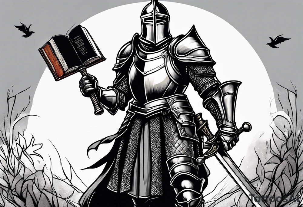 knight holding a bible over his head in combat tattoo idea