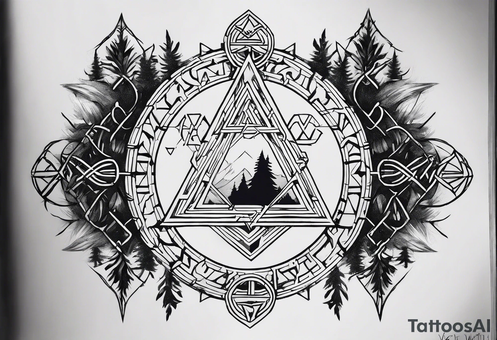 sketch of a chain surrounding the forearm with the following silhouettes: Yggdrasil and Vegvisir, Valknut, the crows of Odin, a reference to the 9 worlds and runes:
Uruz (ᚢ) The Uruz
Raido (ᚱ) The Raido
Gebo (ᚷ) The World
Perthro (ᛈ)
Elhaz (ᛉ) The Great One
Laguz (ᛚ) The Laguz tattoo idea