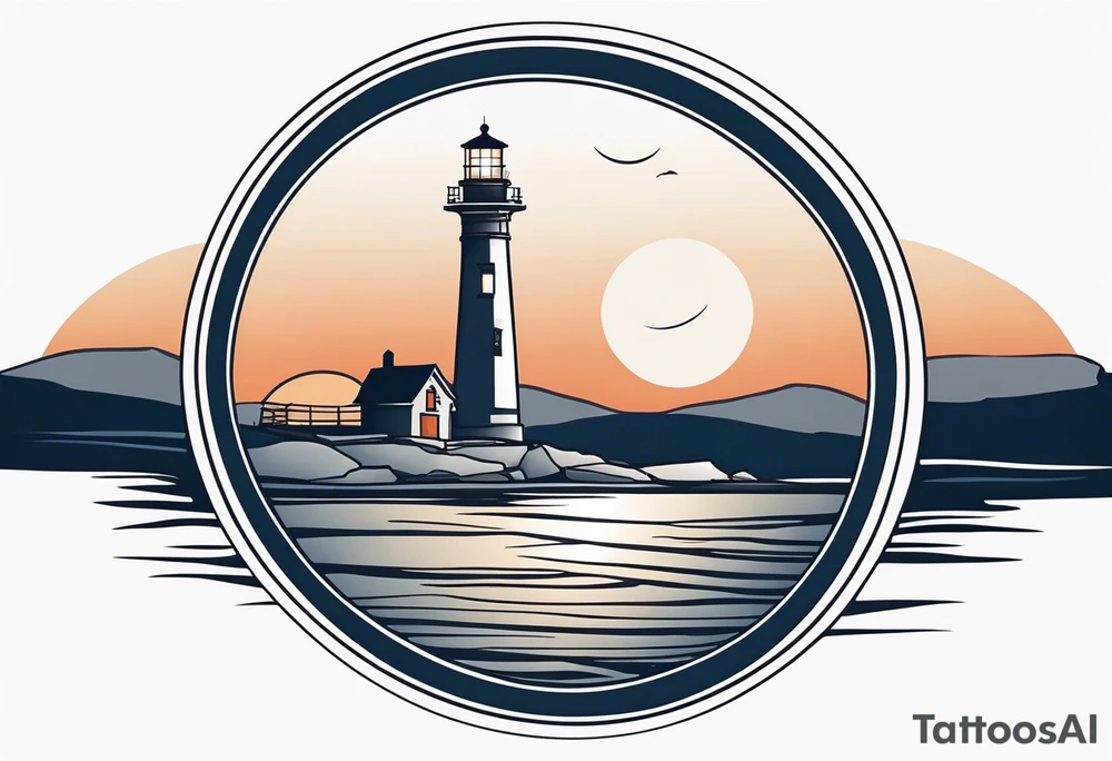 lighthouse a bit realist, evening, circle framed and ocean tattoo idea