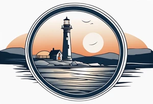 lighthouse a bit realist, evening, circle framed and ocean tattoo idea