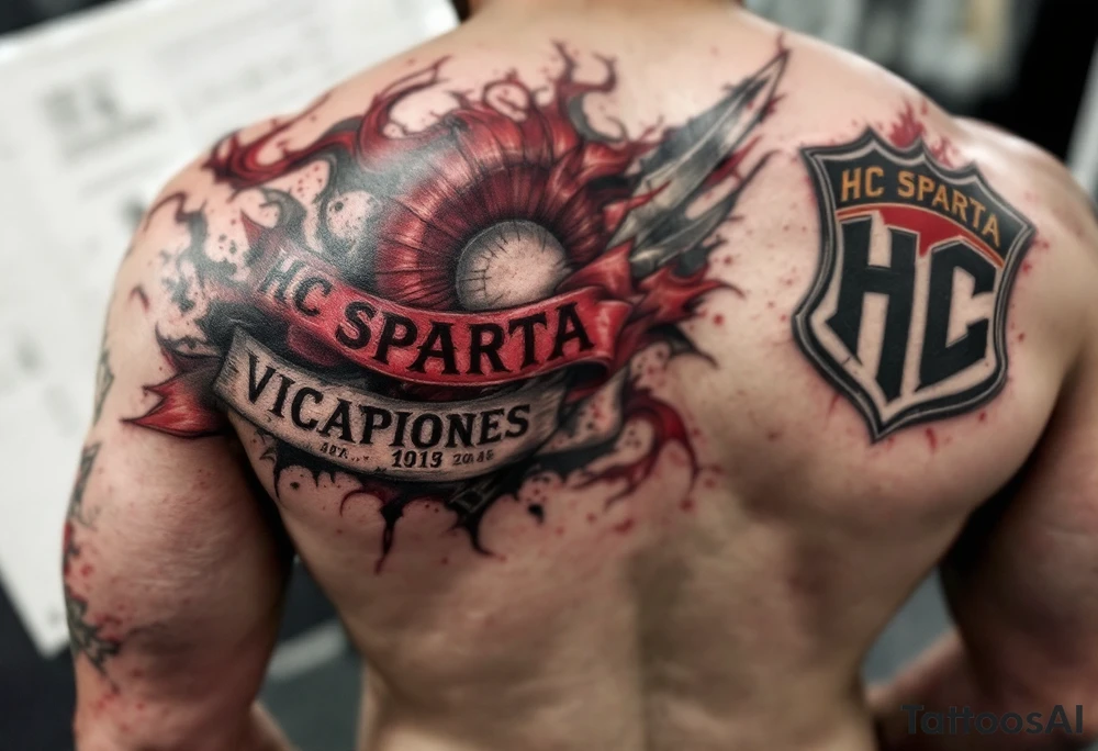 A full back tattoo of "HC Sparta’s" historic victories with dates, crests, and a red-and-silver color scheme. tattoo idea
