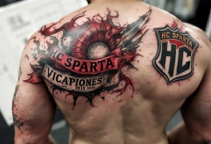 A full back tattoo of "HC Sparta’s" historic victories with dates, crests, and a red-and-silver color scheme. tattoo idea