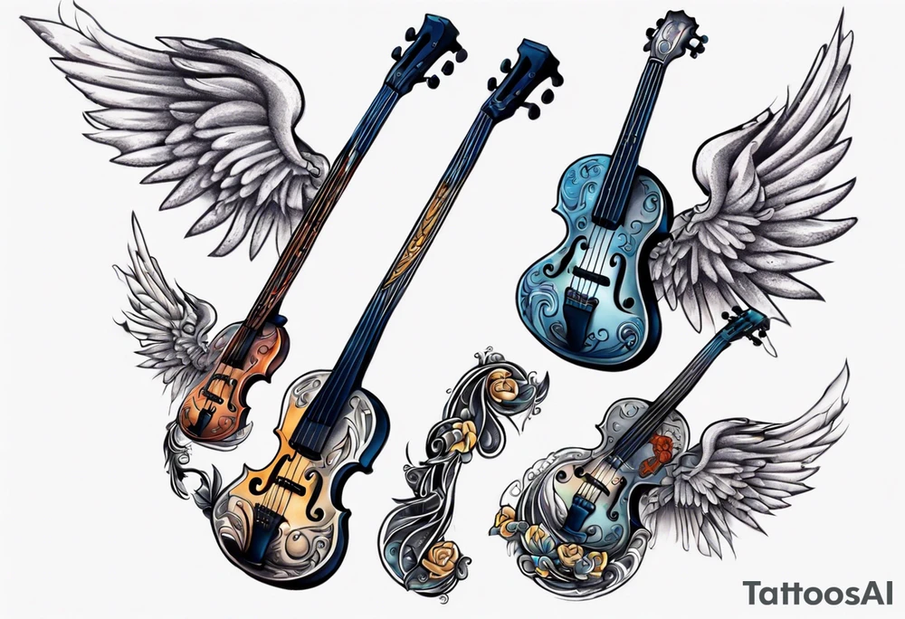 GUITAR LEANING AGAINST A VIOLIN WITH WINGS tattoo idea