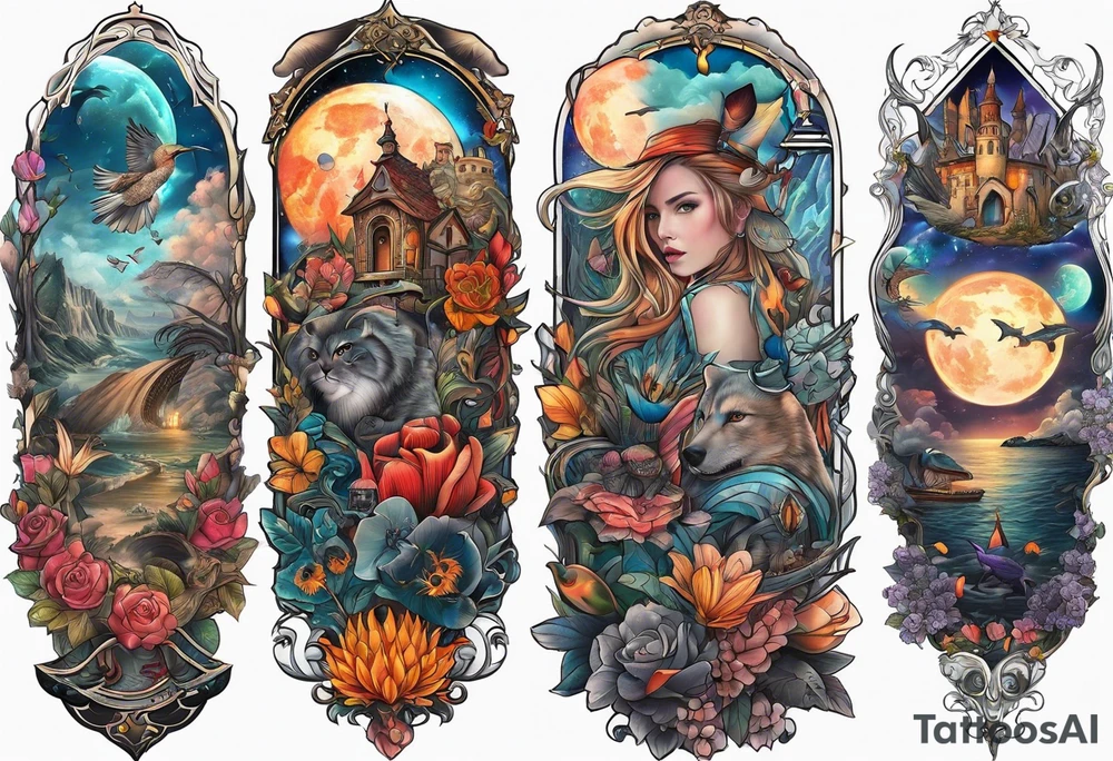 Fantasy story collage tattoo sleeve tattoo idea