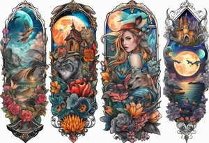 Fantasy story collage tattoo sleeve tattoo idea
