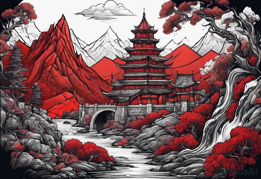 red mountains which there are two fantasies castles tattoo idea