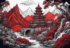red mountains which there are two fantasies castles tattoo idea