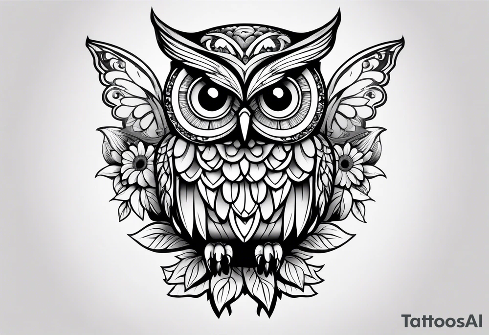 Small owl with butterfly and sunflower leg sleeve tattoo idea
