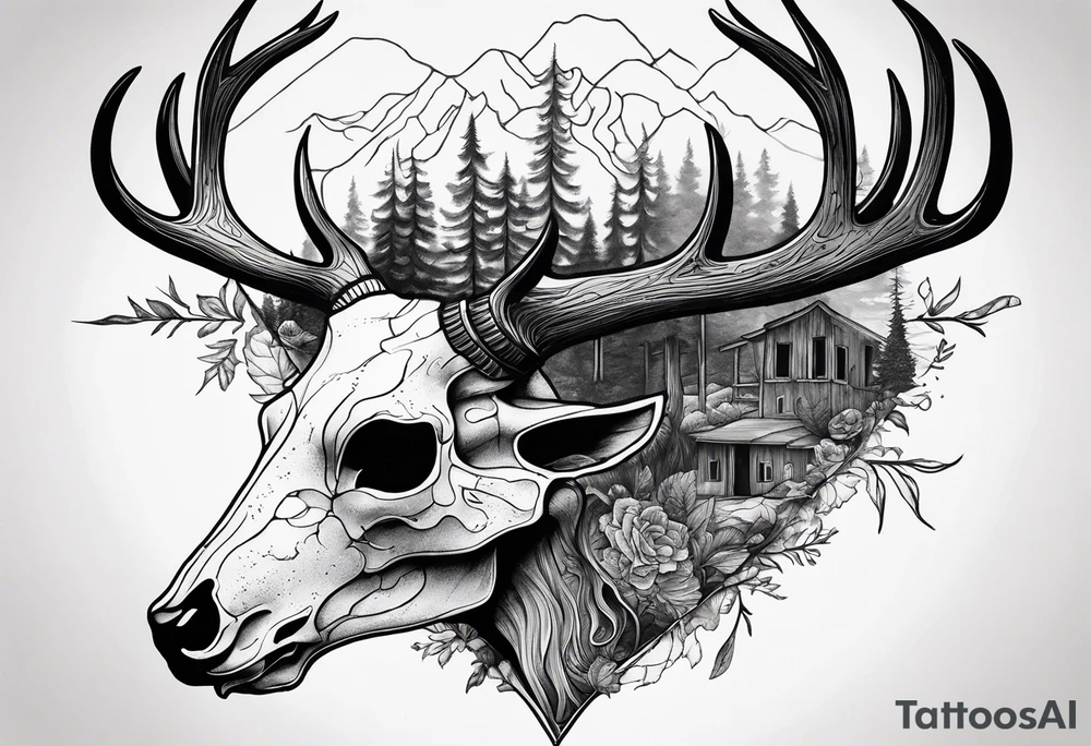 scary side view of a DECAYING deer skull JUST BONE surrounded by a forest fire in background tattoo idea