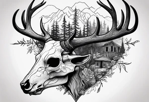 scary side view of a DECAYING deer skull JUST BONE surrounded by a forest fire in background tattoo idea