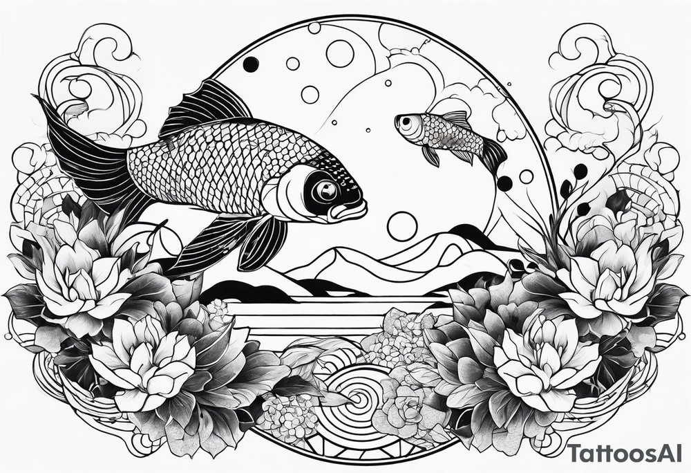 geometric half sleeve tatoo, space, nature, koi tattoo idea