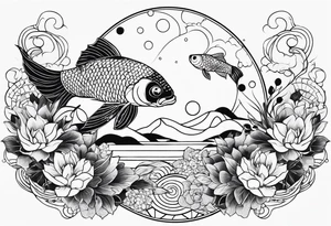 geometric half sleeve tatoo, space, nature, koi tattoo idea