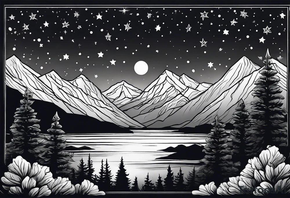 Lighter shaded night sky with stars.  Night sky fading at edges 

Mountains 

Trees with snow on them tattoo idea