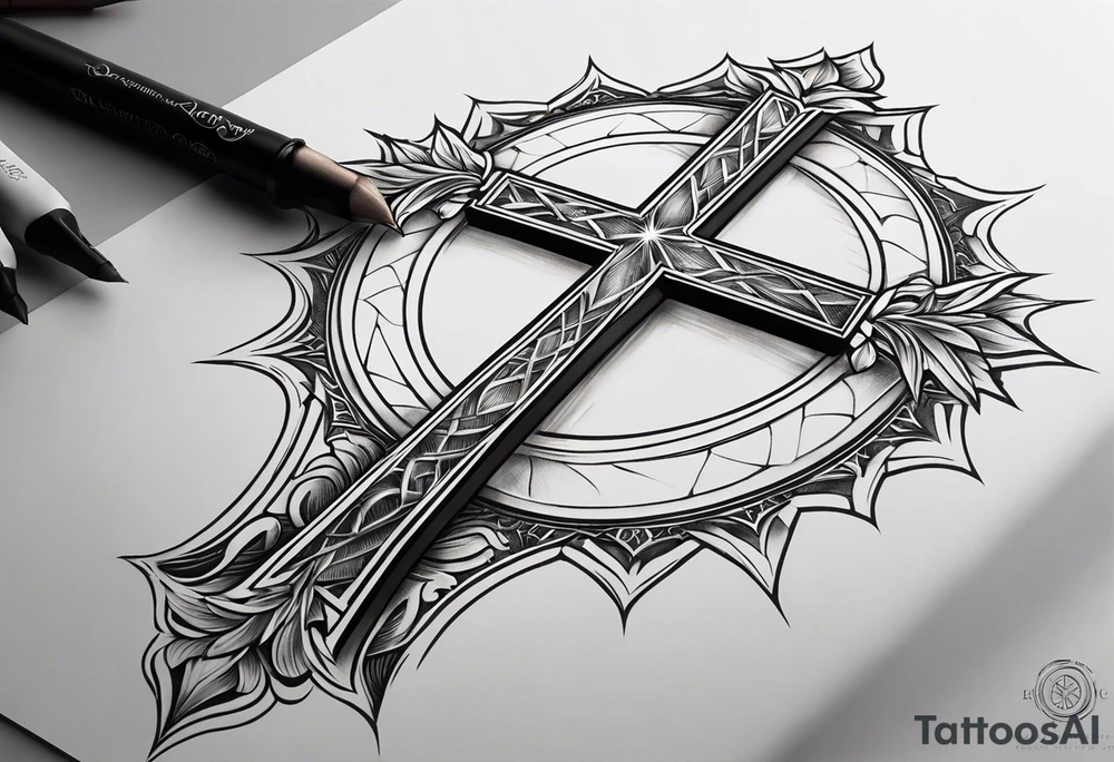 Micro realistic Tattoo: A refined cross with a soft halo surrounding it, symbolizing light and spirituality. Delicate rays extend outward from the halo, adding a subtle glow and depth. The cross itself is simple and elegant, with potential for small, intricate line details within the design. Style: Micro realism tattoo idea