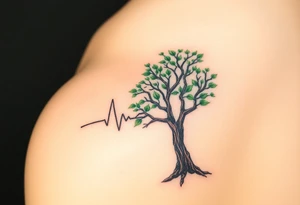 A heartbeat line flowing into a tree silhouette, with green leaves and brown bark, symbolizing the growth and strength of love tattoo idea