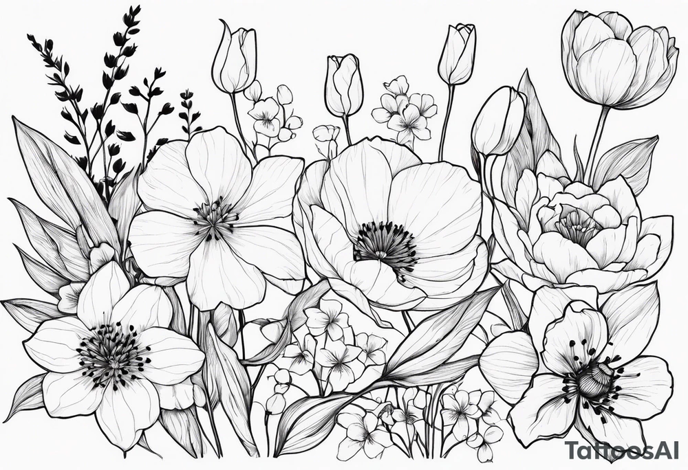 HydrANGEAS, TULIPS, LILLIES, DRAGONflower, with wildflowers, poppy, complimentary flowers, bees, peony, forearm tattoo idea