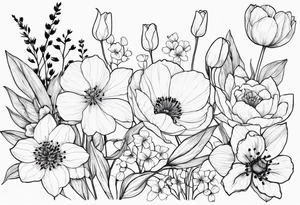 HydrANGEAS, TULIPS, LILLIES, DRAGONflower, with wildflowers, poppy, complimentary flowers, bees, peony, forearm tattoo idea