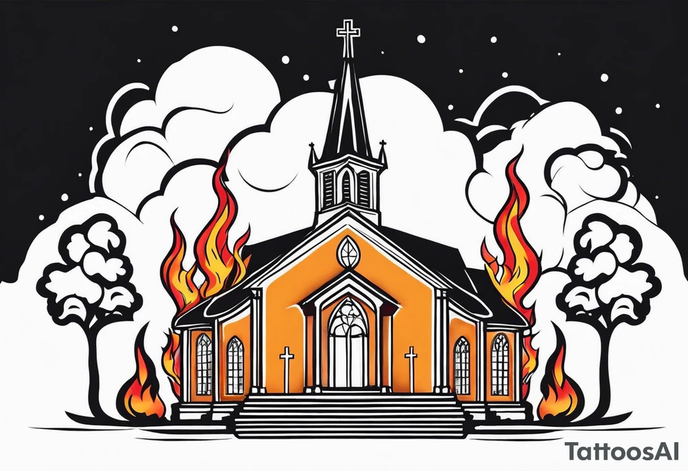 church with flames tattoo idea