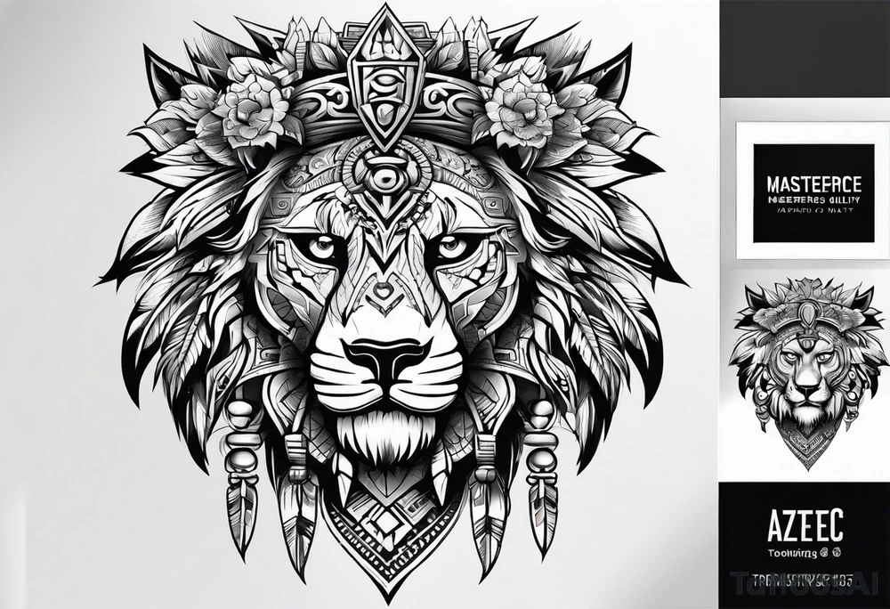 Aztec skull head wearing a Lion head tattoo idea