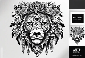 Aztec skull head wearing a Lion head tattoo idea
