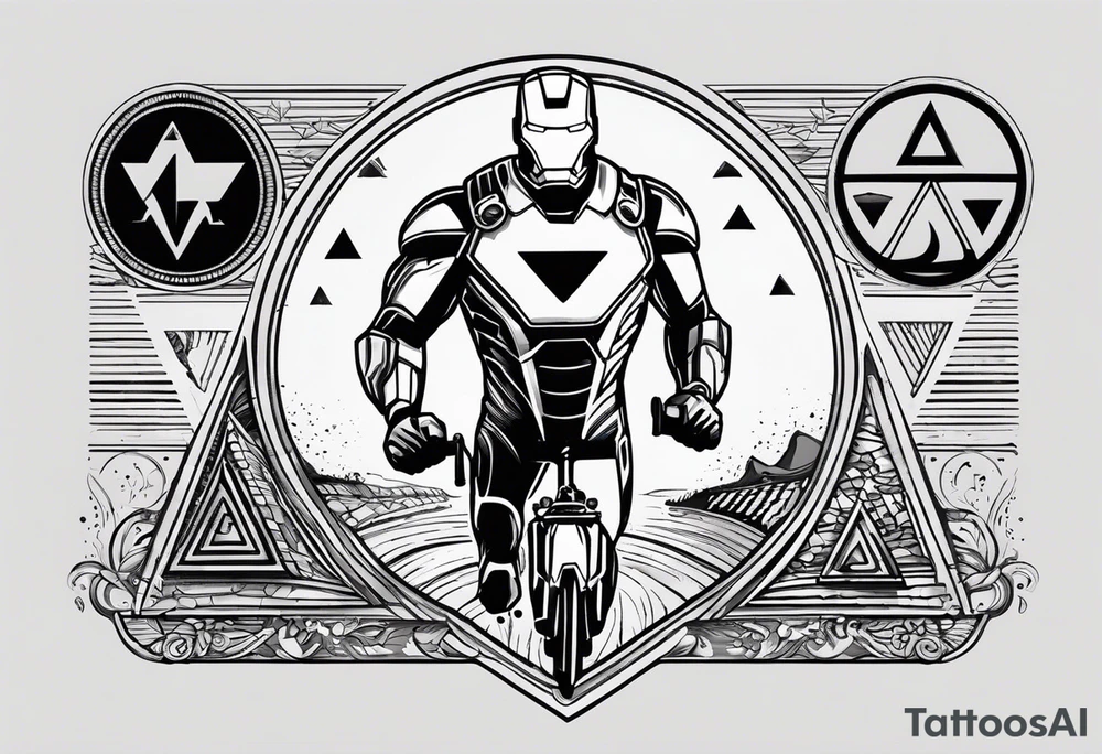 I want an ironman triathlon logo outlined with a triangle. off of the three points, i want the word adaptability and a swimmer, the word discipline and a bike, and the word determination and a runner tattoo idea