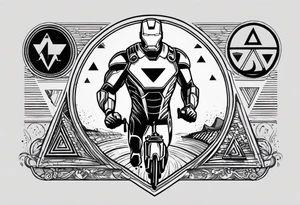 I want an ironman triathlon logo outlined with a triangle. off of the three points, i want the word adaptability and a swimmer, the word discipline and a bike, and the word determination and a runner tattoo idea