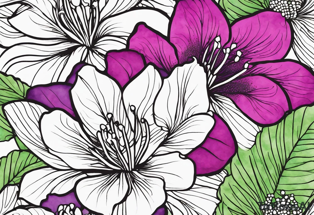 An outline of a rio dipladenia flower with a green and purple watercolor in the background tattoo idea