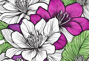 An outline of a rio dipladenia flower with a green and purple watercolor in the background tattoo idea