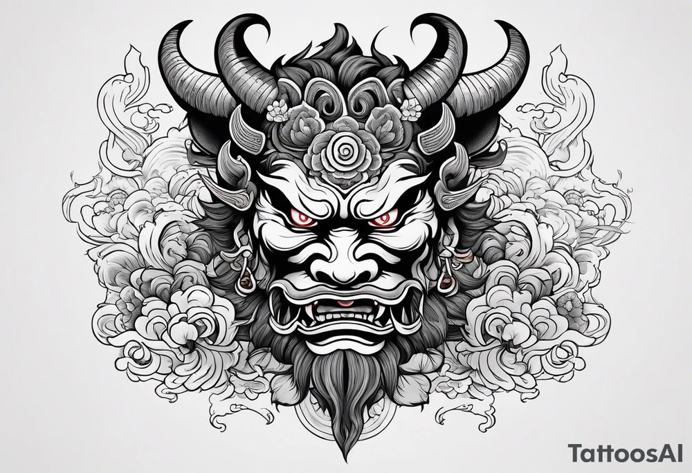 Japanese oni demon facing half sideways with subtle smoke coming out its mouth. With some Japanese cultural things surrounding it tattoo idea