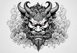 Japanese oni demon facing half sideways with subtle smoke coming out its mouth. With some Japanese cultural things surrounding it tattoo idea