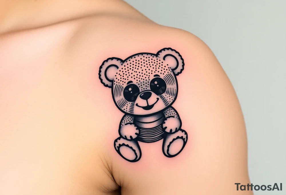 minimalist teddy bear with vinyl records as eyes smiling and sitting on a record tattoo idea