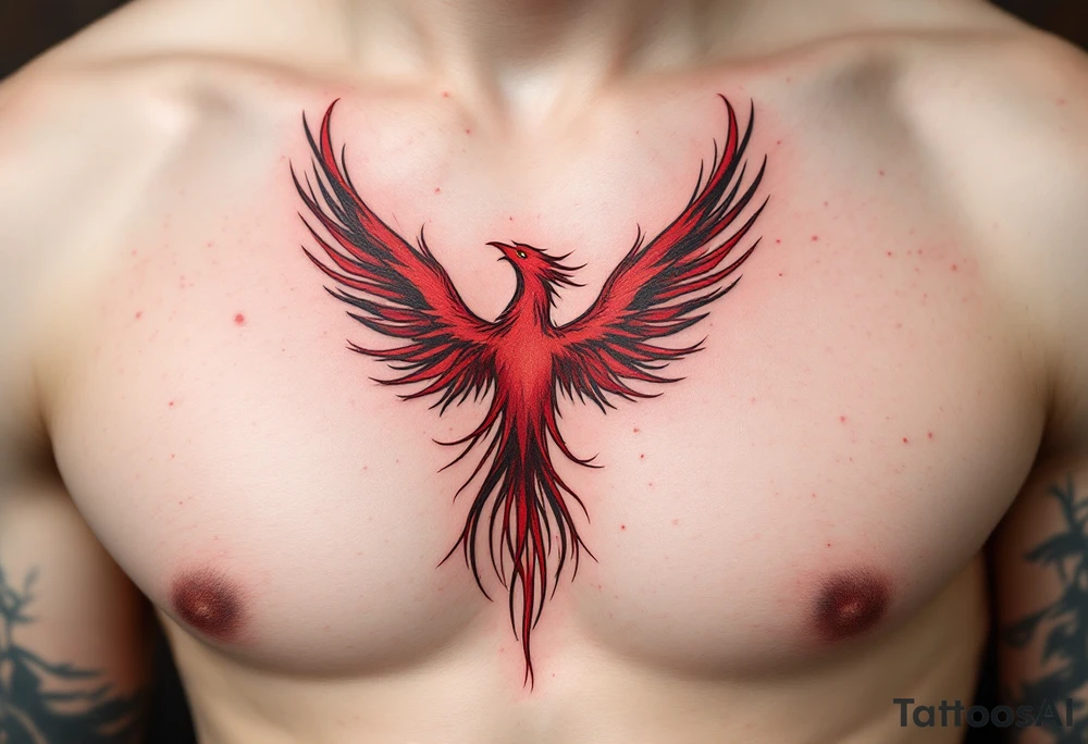 Inked in crimson and charcoal, this tattoo pairs the Latin phrase "Per aspera ad astra" with a rising phoenix, evoking triumph through pain. tattoo idea