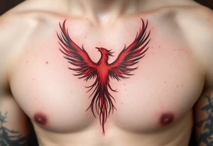 Inked in crimson and charcoal, this tattoo pairs the Latin phrase "Per aspera ad astra" with a rising phoenix, evoking triumph through pain. tattoo idea
