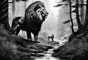 realistic black and gray  dark 
forest with a small lion walking into the forest looking backwards 
with a spiritual component tattoo idea