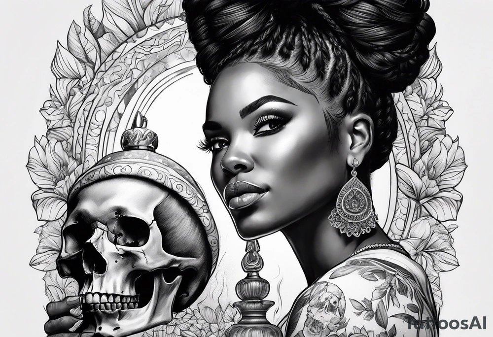 black women portrait with skull and burning candle tattoo tattoo idea