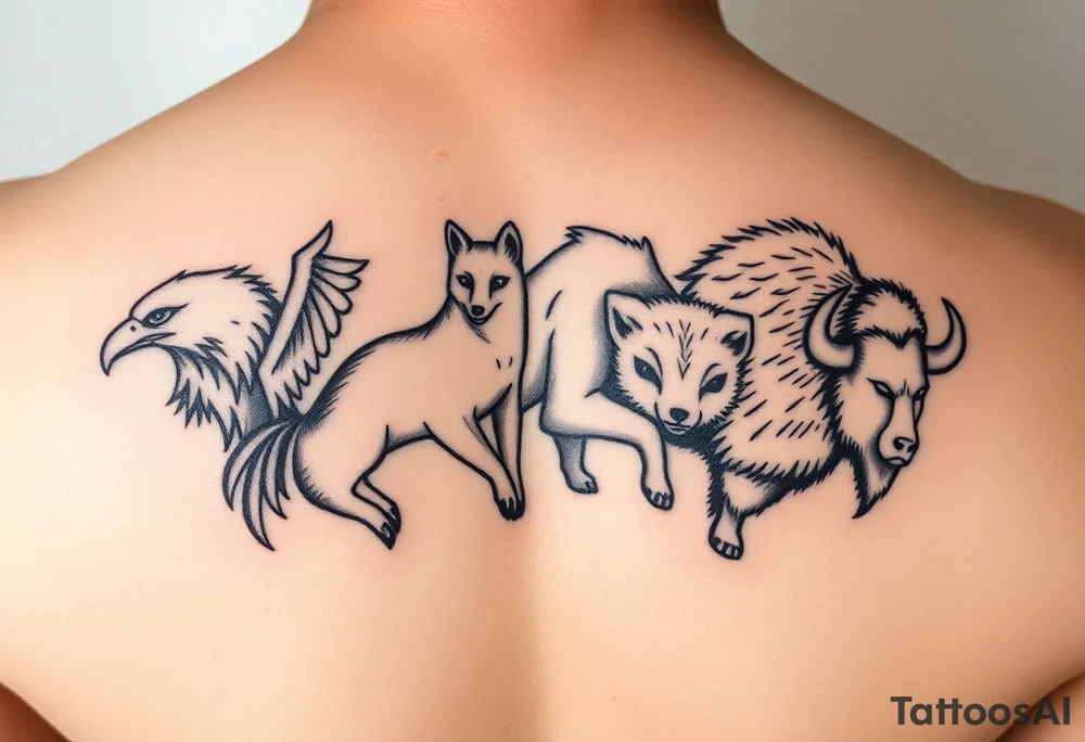 4 animals in a totem order, no space between them. An eagle, a fox, a bear and a bison. Black and white tattoo with fine clear but strong lines. It should show character and toughness. Light shadowing and pen/pencil type of illustration. 
It's for a group of siblings which will have the same tattoo (different order top to bottom) tattoo idea